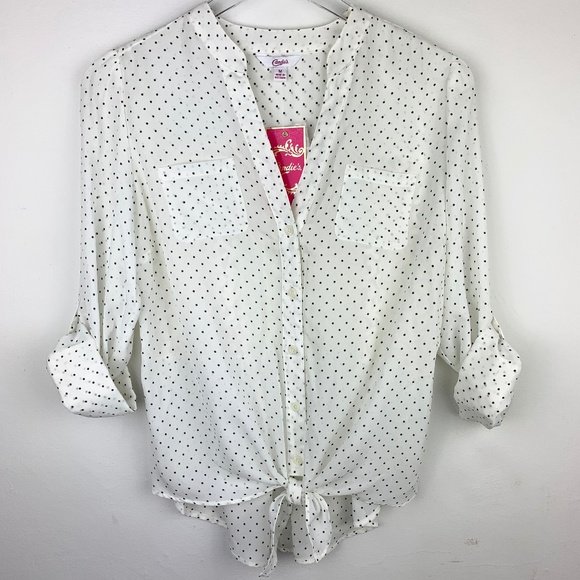 Candie's Tops - CANDIE'S — Polka Dot Tie Front Lace Back Blouse
